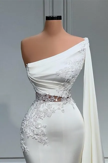 White Asymmetric One Shoulder Mermaid Stretch Satin Prom Dress