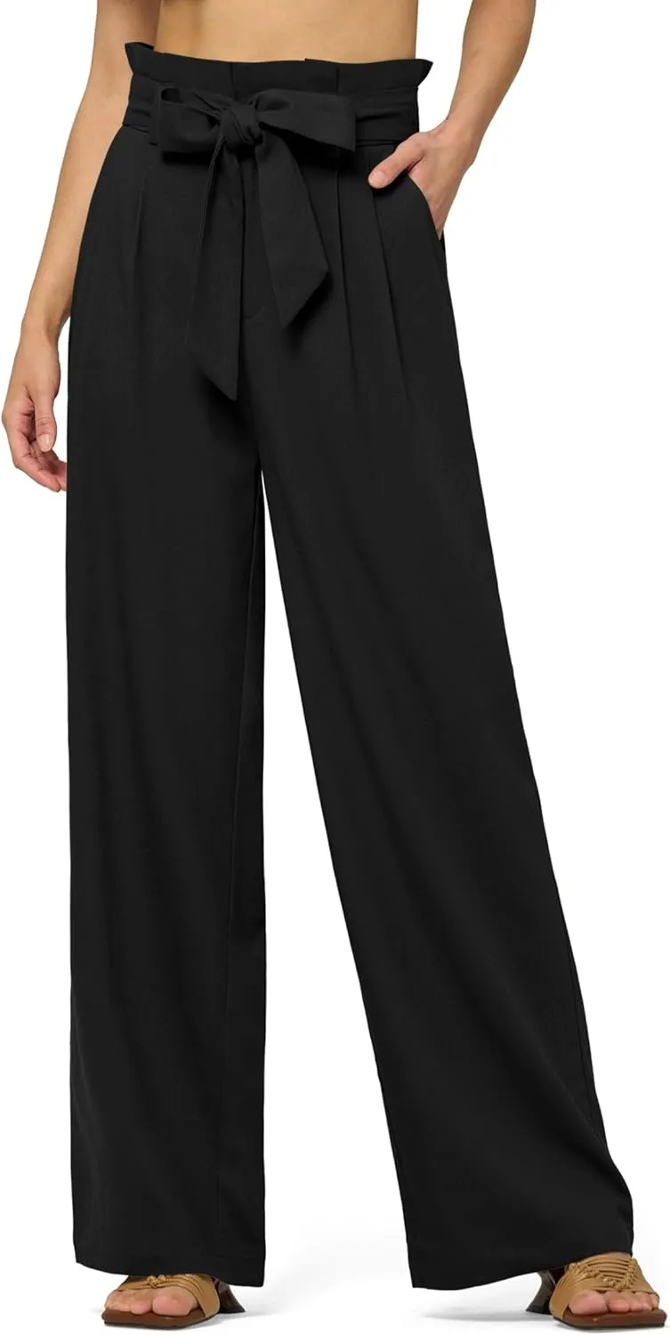Willit Women Linen Pants Casual Wide Leg Dress Pants High Waisted Paperbag Work Trousers Summer Tie Knot Pockets 28"/30"/32''