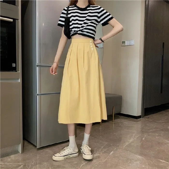 Wjczt Korean High Waist A Line Skirts for Women Summer Elegant Chic Teenis Midi Skirt Casual Student Wild Pleated A Lind Skirts y2k