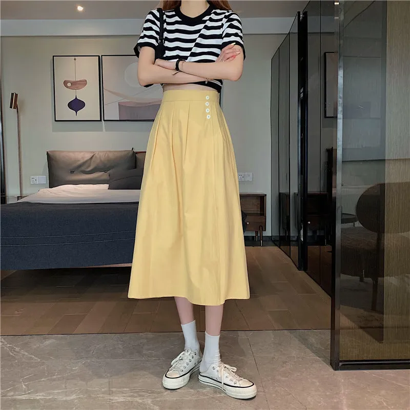Wjczt Korean High Waist A Line Skirts for Women Summer Elegant Chic Teenis Midi Skirt Casual Student Wild Pleated A Lind Skirts y2k