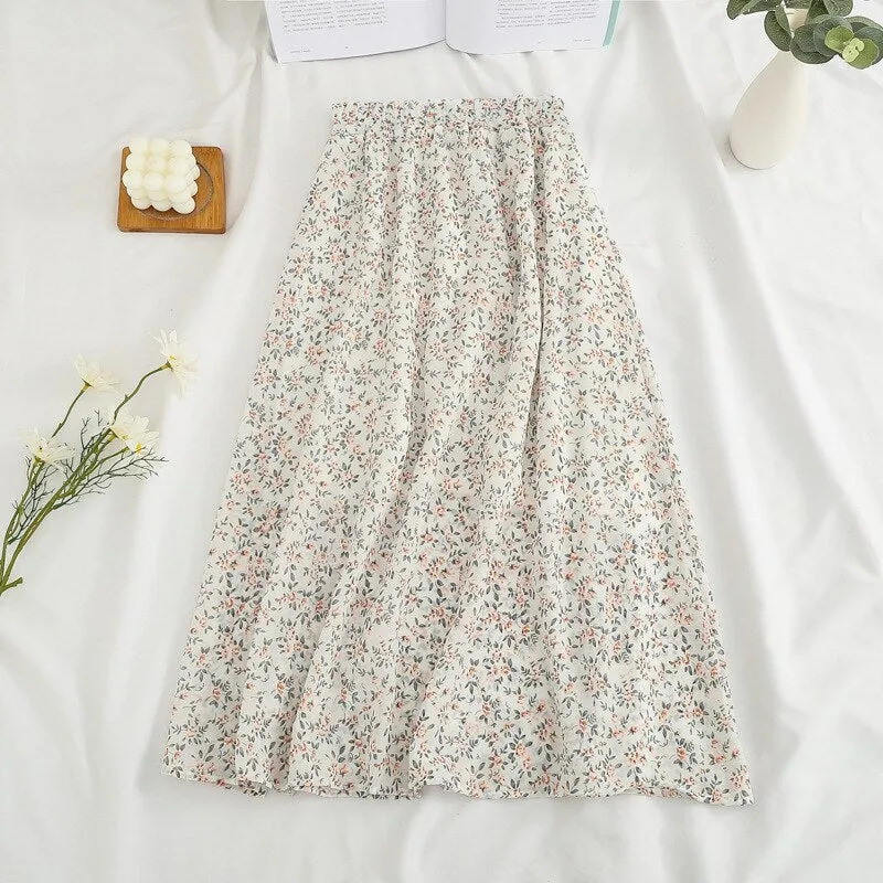 Wjczt Summer Long Skirts for Women Boho Elegant Floral Print Pleated A Line Skirt Korean Harajuku Chic Simple Midi Chiffon Skirts