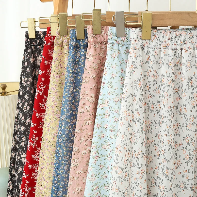 Wjczt Summer Long Skirts for Women Boho Elegant Floral Print Pleated A Line Skirt Korean Harajuku Chic Simple Midi Chiffon Skirts
