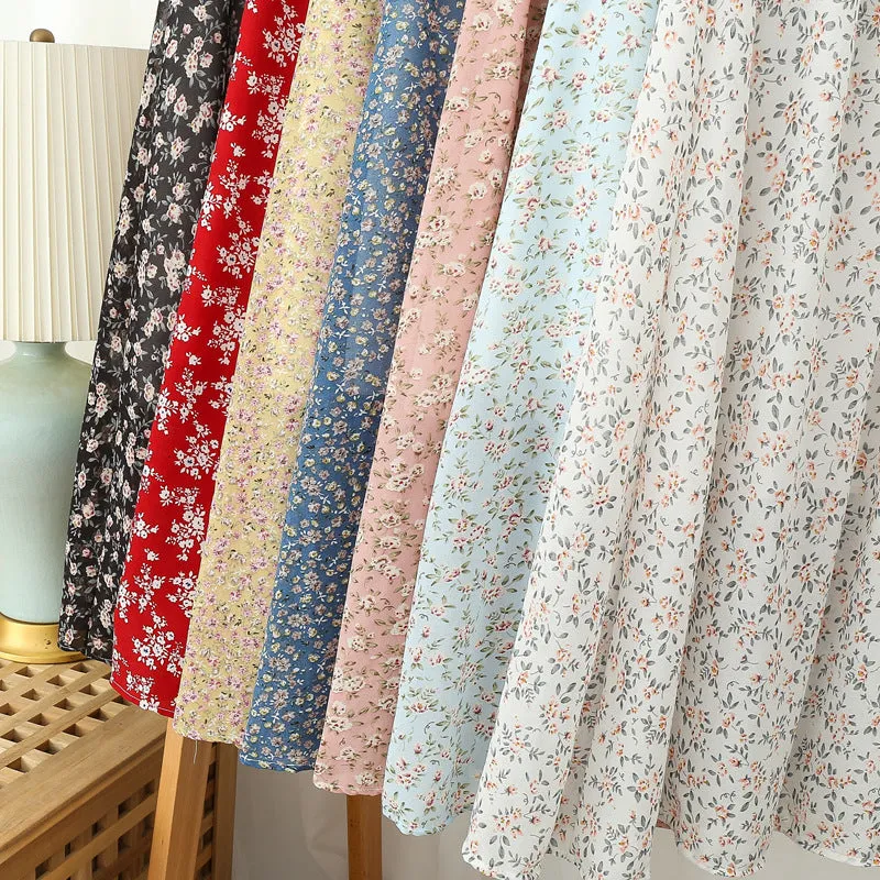 Wjczt Summer Long Skirts for Women Boho Elegant Floral Print Pleated A Line Skirt Korean Harajuku Chic Simple Midi Chiffon Skirts