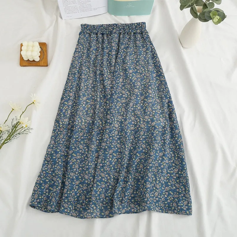 Wjczt Summer Long Skirts for Women Boho Elegant Floral Print Pleated A Line Skirt Korean Harajuku Chic Simple Midi Chiffon Skirts