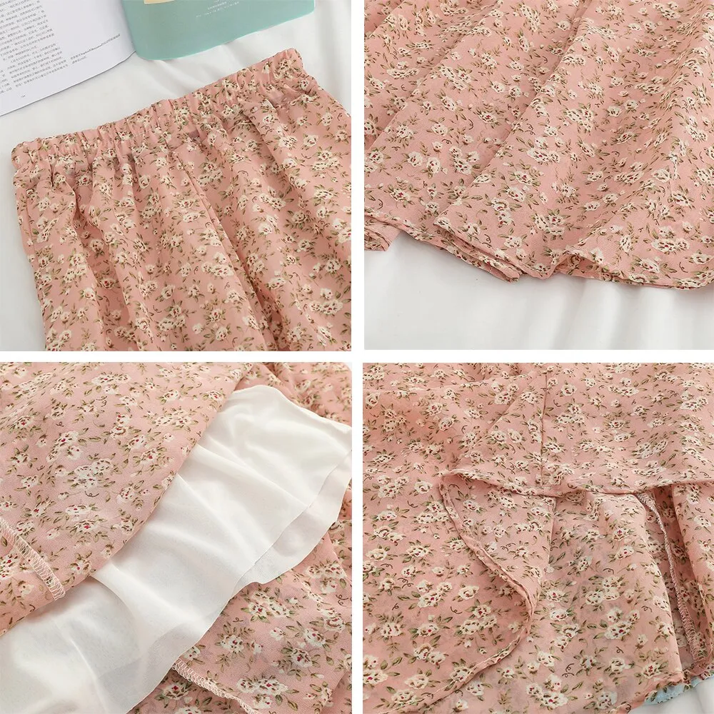 Wjczt Summer Long Skirts for Women Boho Elegant Floral Print Pleated A Line Skirt Korean Harajuku Chic Simple Midi Chiffon Skirts