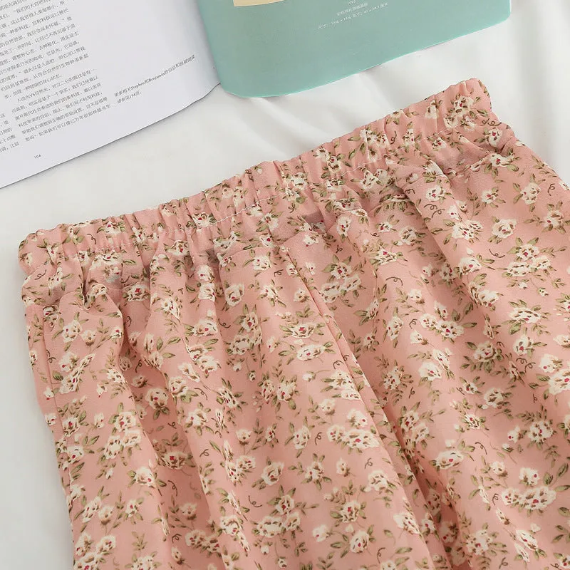 Wjczt Summer Long Skirts for Women Boho Elegant Floral Print Pleated A Line Skirt Korean Harajuku Chic Simple Midi Chiffon Skirts