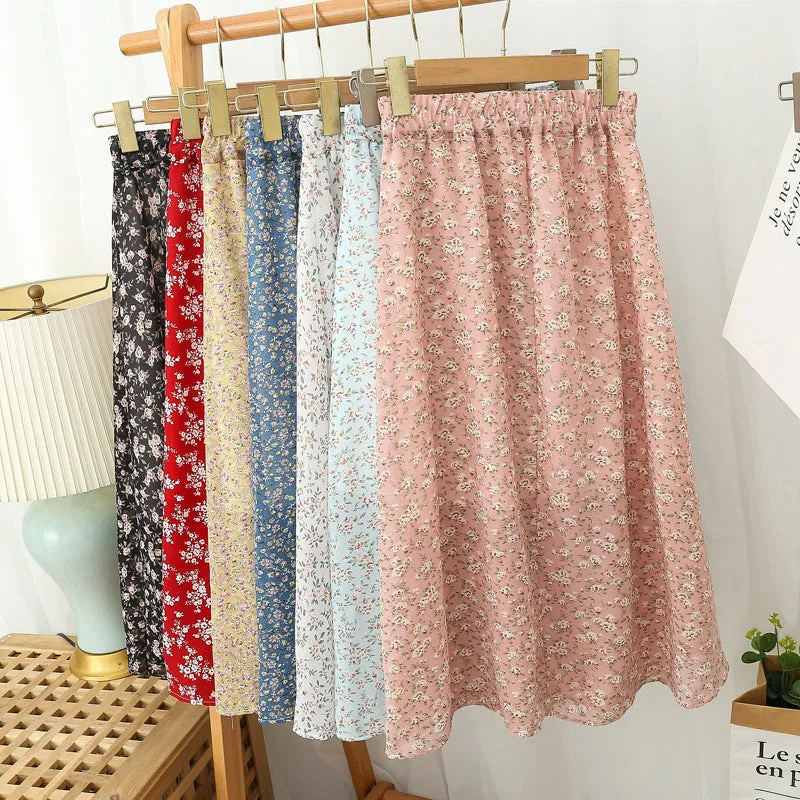 Wjczt Summer Long Skirts for Women Boho Elegant Floral Print Pleated A Line Skirt Korean Harajuku Chic Simple Midi Chiffon Skirts