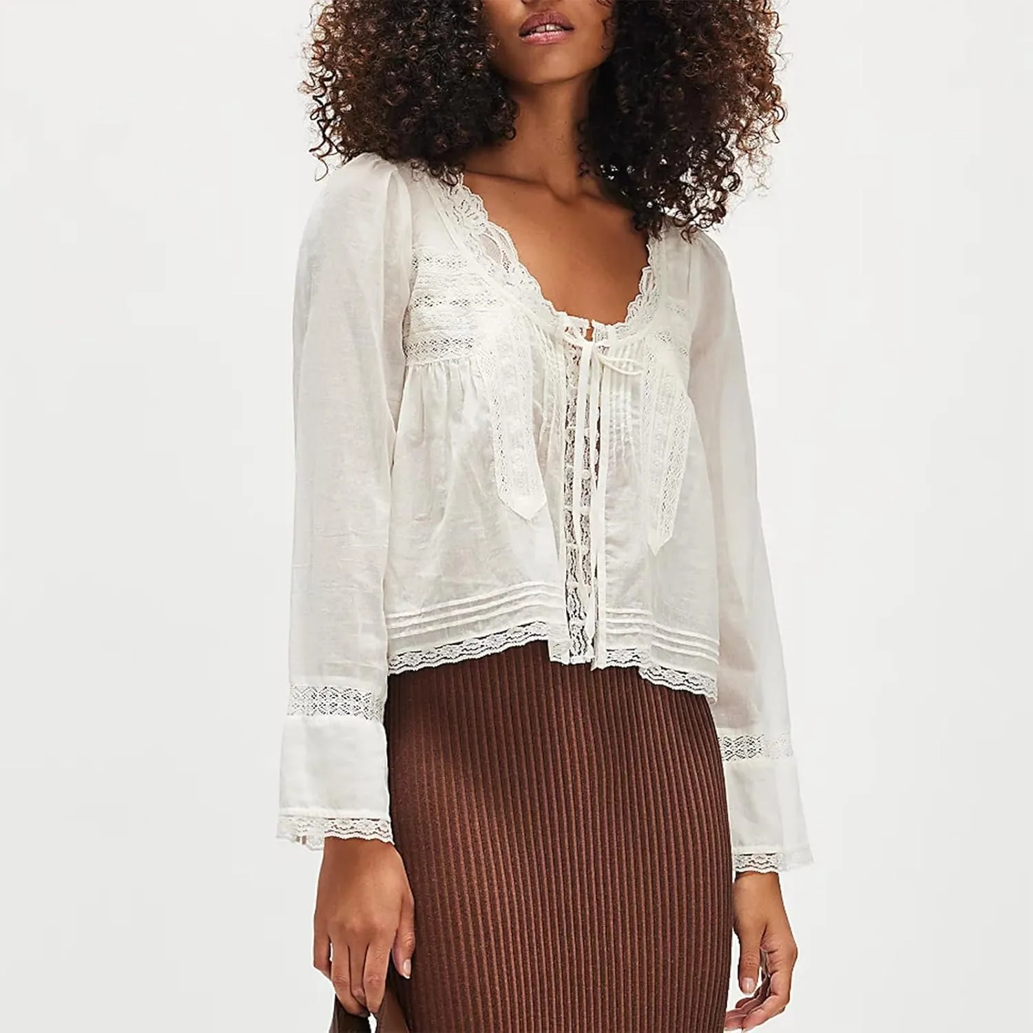 Women Y2k Long Sleeve Lace Up Blouse Scoop Neck Open Front Tie Lace Trim Crop Top Ruffle Solid Color Top Shirt