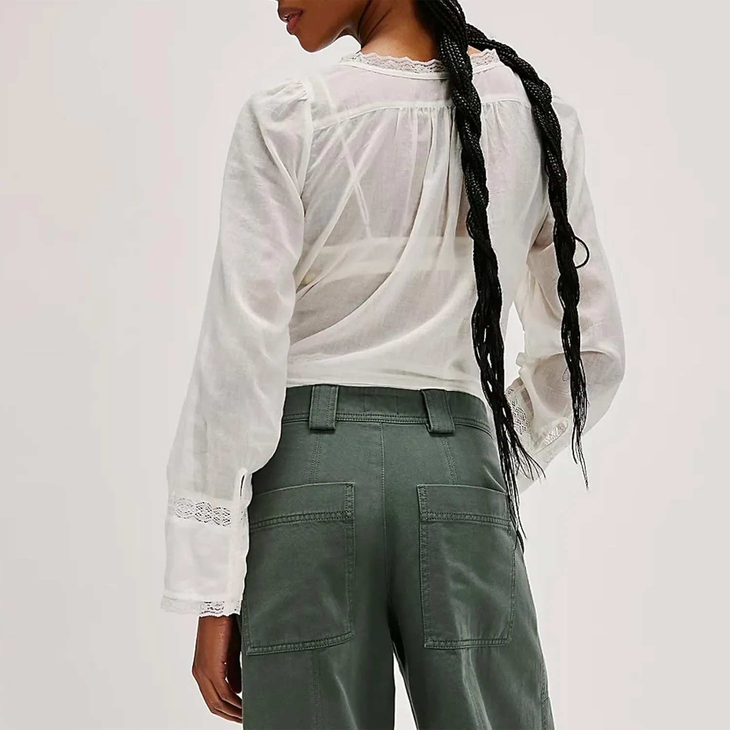 Women Y2k Long Sleeve Lace Up Blouse Scoop Neck Open Front Tie Lace Trim Crop Top Ruffle Solid Color Top Shirt