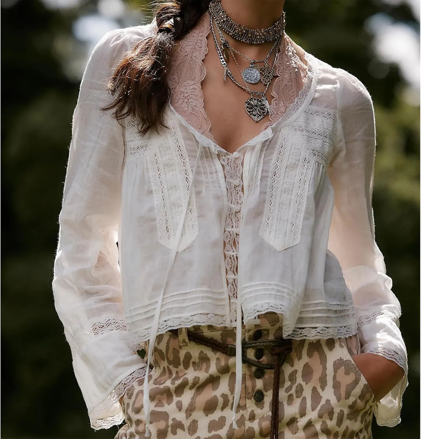 Women Y2k Long Sleeve Lace Up Blouse Scoop Neck Open Front Tie Lace Trim Crop Top Ruffle Solid Color Top Shirt
