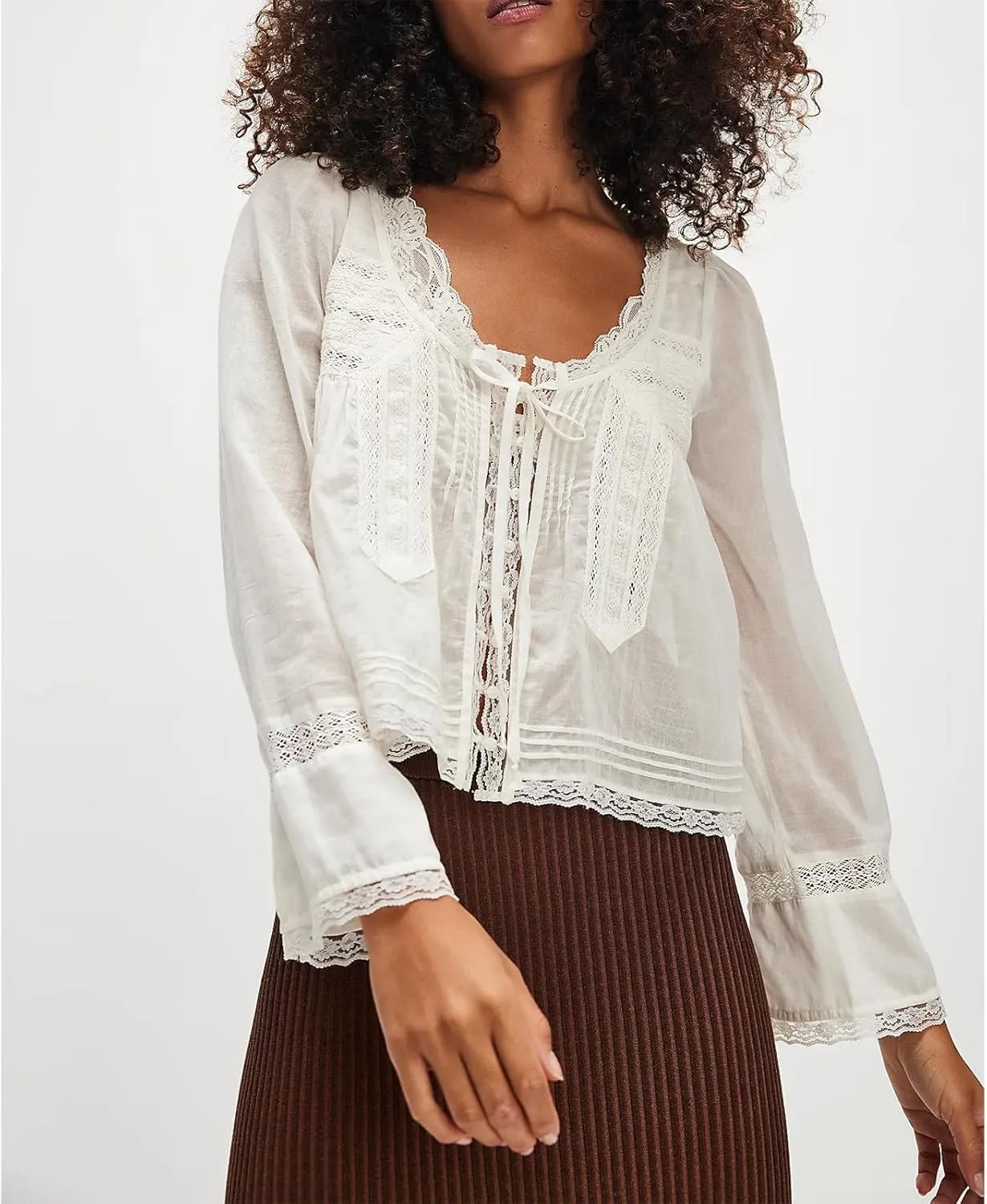 Women Y2k Long Sleeve Lace Up Blouse Scoop Neck Open Front Tie Lace Trim Crop Top Ruffle Solid Color Top Shirt