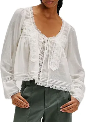 Women Y2k Long Sleeve Lace Up Blouse Scoop Neck Open Front Tie Lace Trim Crop Top Ruffle Solid Color Top Shirt