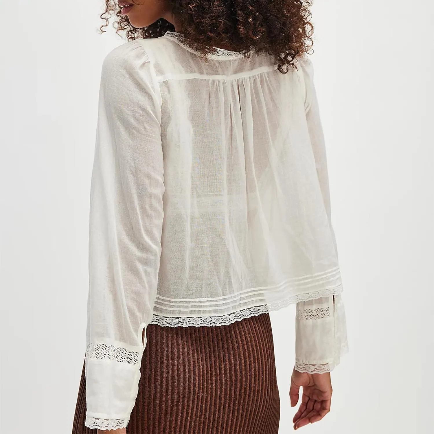 Women Y2k Long Sleeve Lace Up Blouse Scoop Neck Open Front Tie Lace Trim Crop Top Ruffle Solid Color Top Shirt