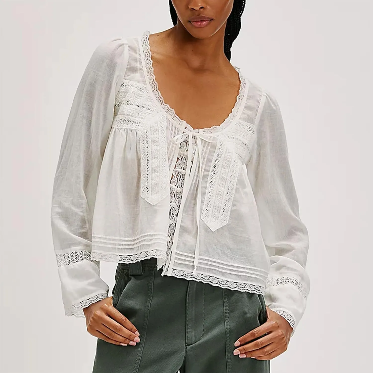 Women Y2k Long Sleeve Lace Up Blouse Scoop Neck Open Front Tie Lace Trim Crop Top Ruffle Solid Color Top Shirt