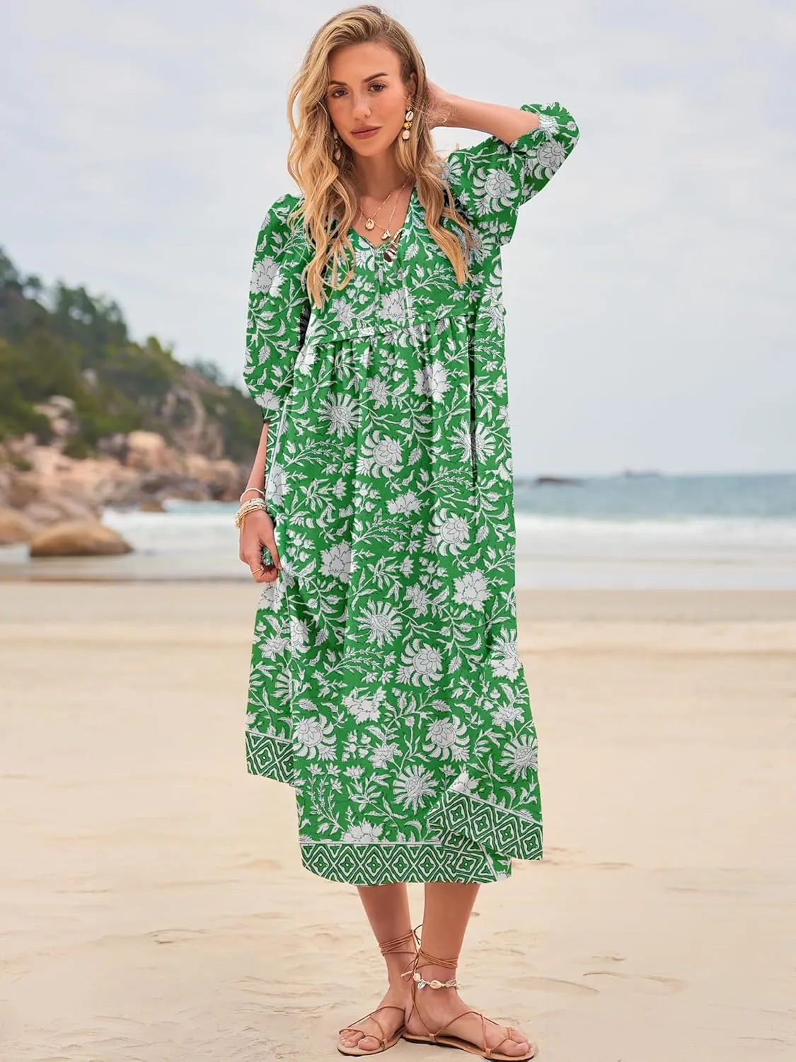 Women's Floral Boho Maxi Dress 2025 Summer V Neck Puff Sleeve Casual Loose Flowy Long Beach Dresses