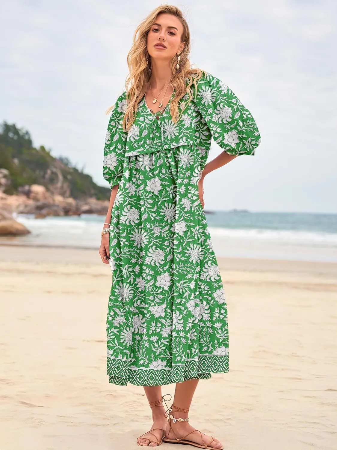Women's Floral Boho Maxi Dress 2025 Summer V Neck Puff Sleeve Casual Loose Flowy Long Beach Dresses