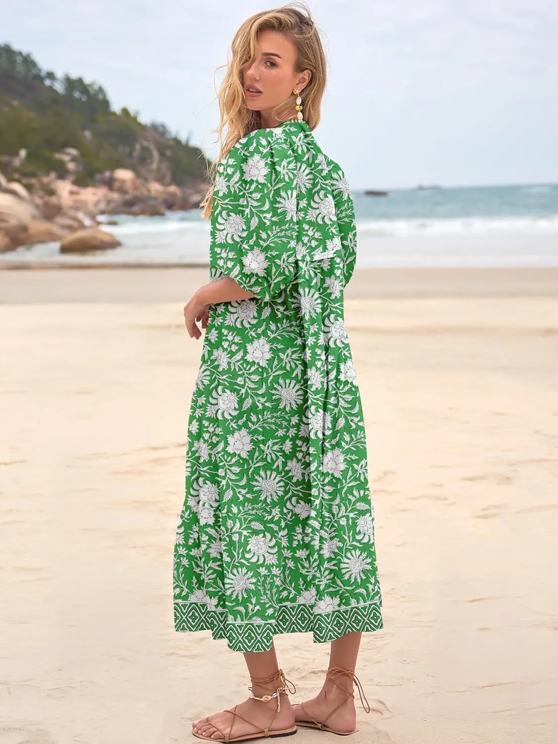 Women's Floral Boho Maxi Dress 2025 Summer V Neck Puff Sleeve Casual Loose Flowy Long Beach Dresses
