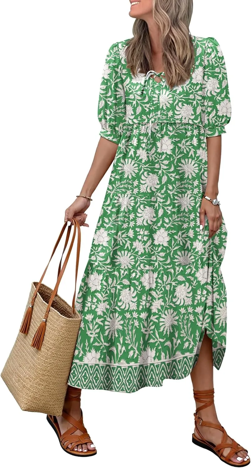 Women's Floral Boho Maxi Dress 2025 Summer V Neck Puff Sleeve Casual Loose Flowy Long Beach Dresses
