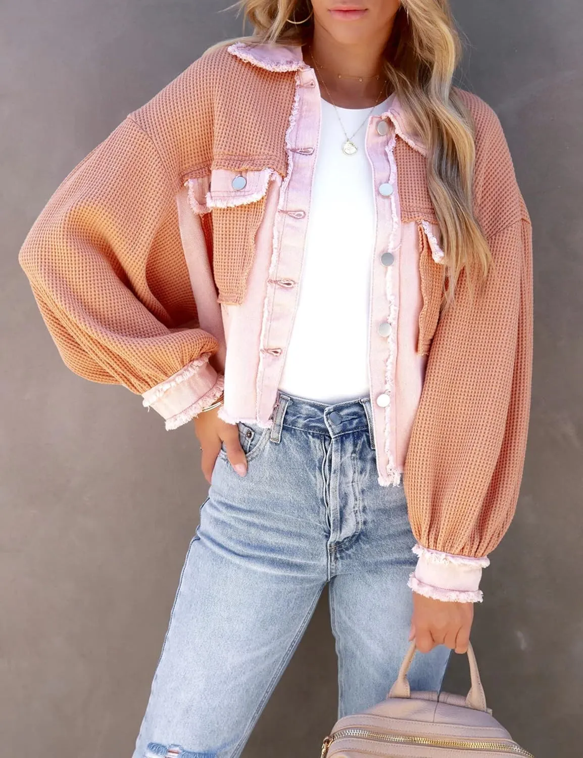 Womens Frayed Hem Waffle Knit Spliced Jean Jacket Crop Boyfriend Denim Jacket Button Down Shirt Jacket Tops