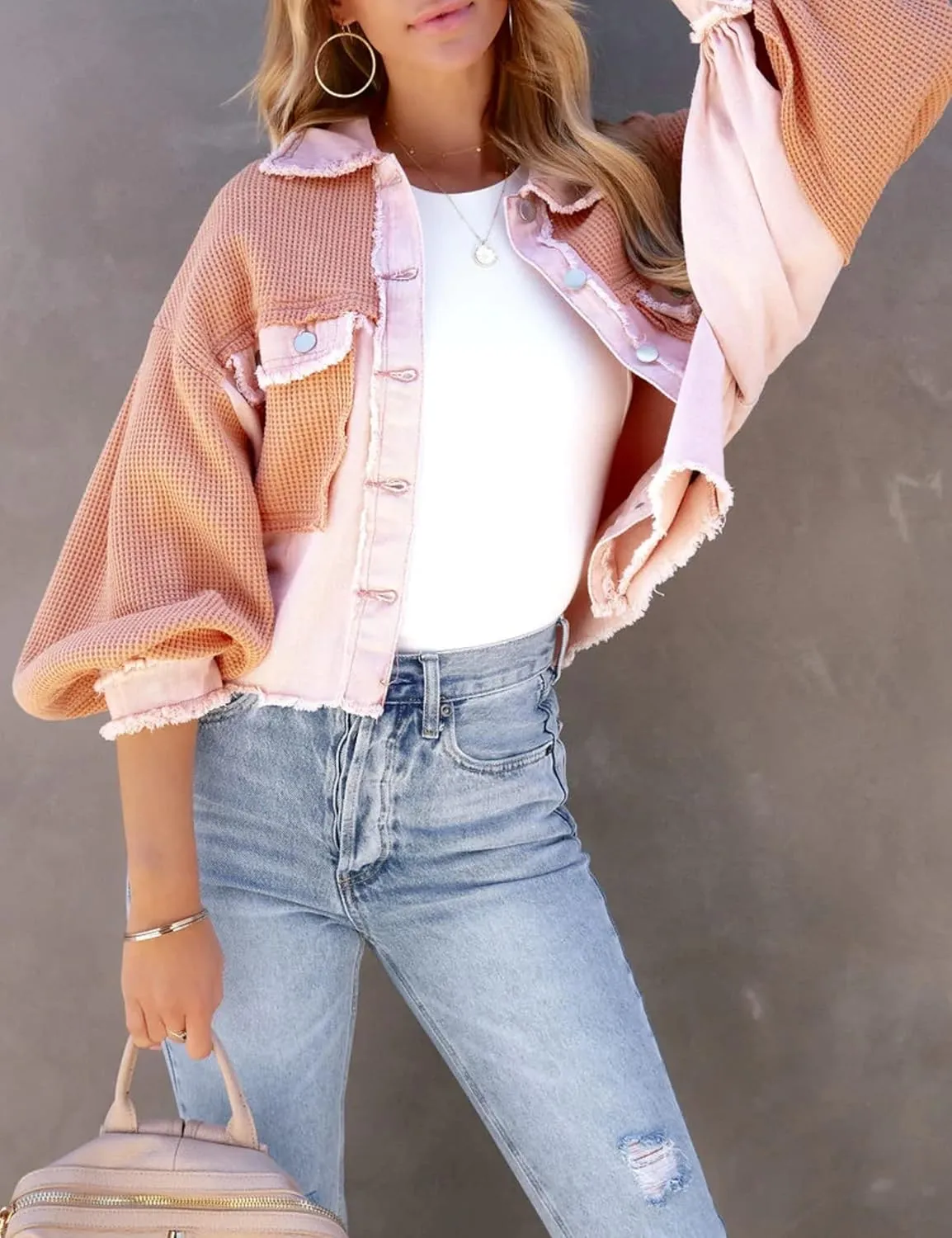 Womens Frayed Hem Waffle Knit Spliced Jean Jacket Crop Boyfriend Denim Jacket Button Down Shirt Jacket Tops