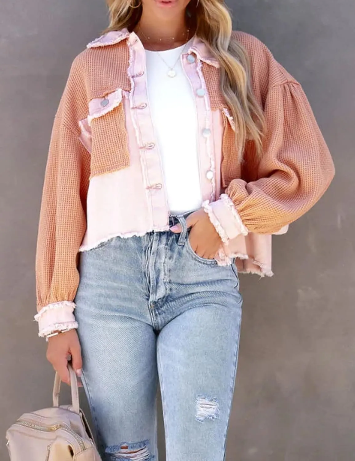 Womens Frayed Hem Waffle Knit Spliced Jean Jacket Crop Boyfriend Denim Jacket Button Down Shirt Jacket Tops