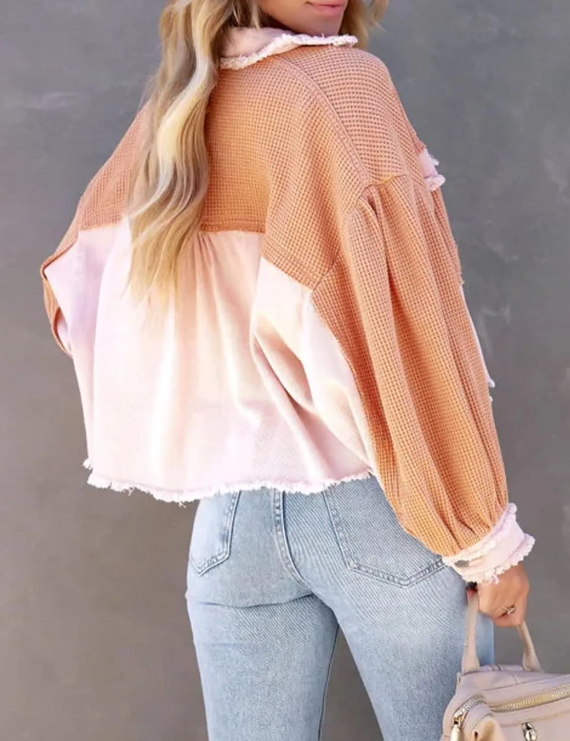 Womens Frayed Hem Waffle Knit Spliced Jean Jacket Crop Boyfriend Denim Jacket Button Down Shirt Jacket Tops