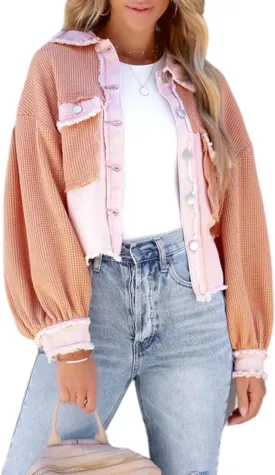 Womens Frayed Hem Waffle Knit Spliced Jean Jacket Crop Boyfriend Denim Jacket Button Down Shirt Jacket Tops