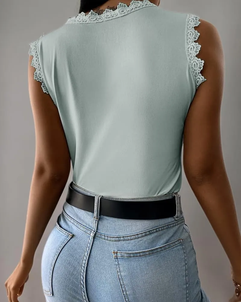 Womens Lace Tank Top Blouse Sleeveless Summer Casual Crew Neck Slim Fit Hollow Out Shirt