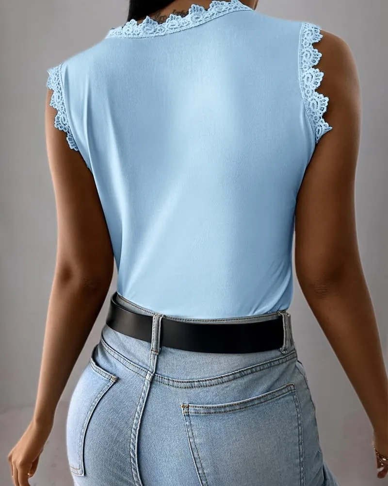 Womens Lace Tank Top Blouse Sleeveless Summer Casual Crew Neck Slim Fit Hollow Out Shirt