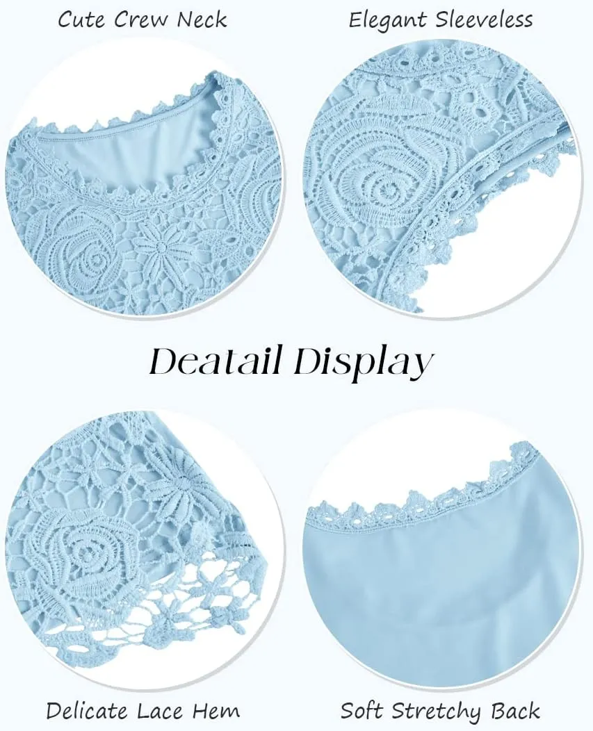 Womens Lace Tank Top Blouse Sleeveless Summer Casual Crew Neck Slim Fit Hollow Out Shirt