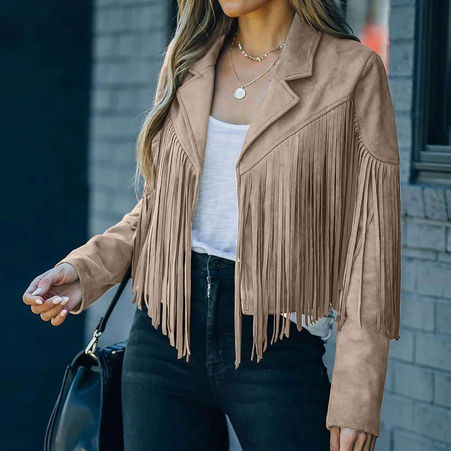Women's Leather Jacket Faux Suede Fringe Jacket Long Sleeve Lapel Vintage Coats Open Front Tassel Cardigan