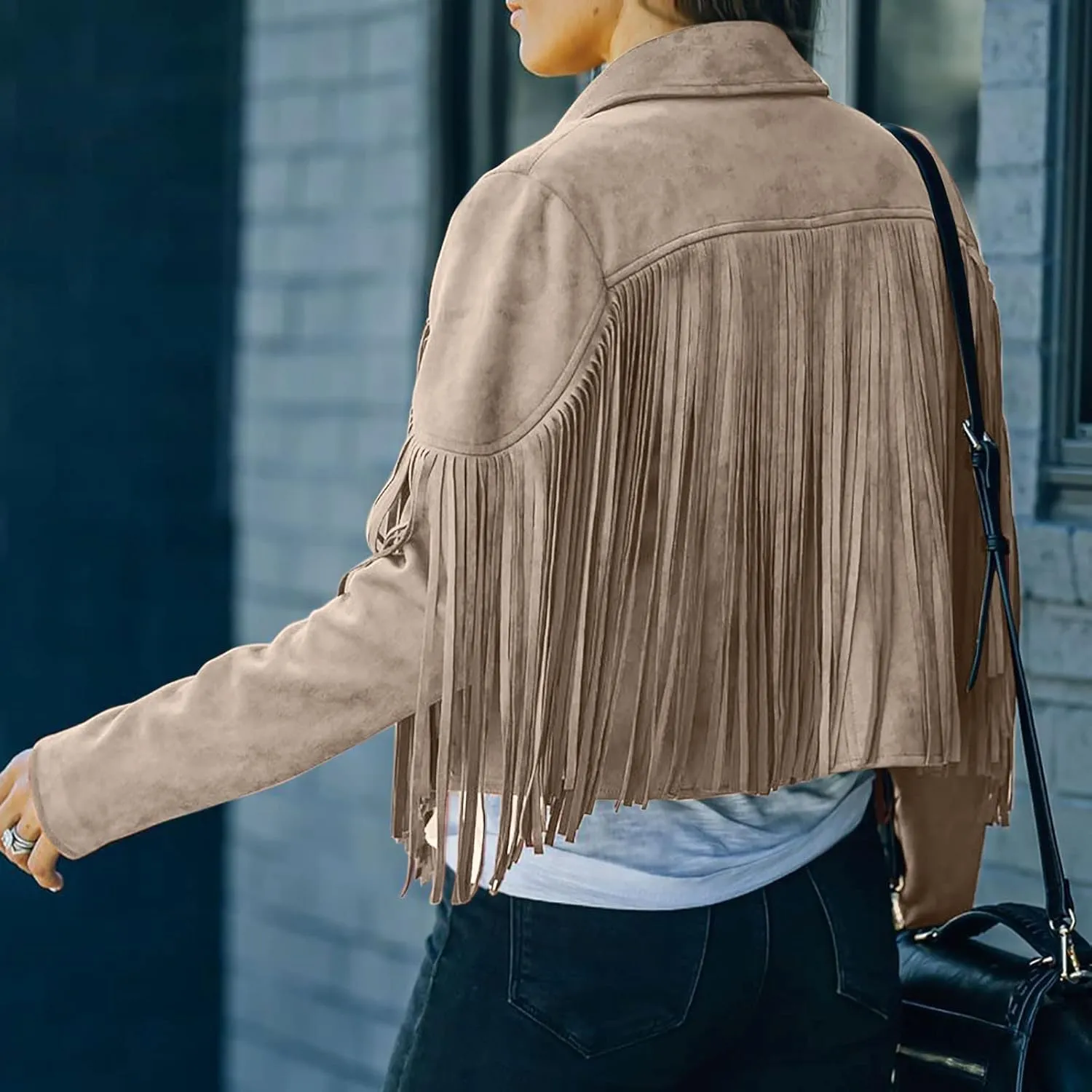 Women's Leather Jacket Faux Suede Fringe Jacket Long Sleeve Lapel Vintage Coats Open Front Tassel Cardigan