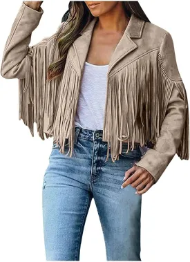Women's Leather Jacket Faux Suede Fringe Jacket Long Sleeve Lapel Vintage Coats Open Front Tassel Cardigan