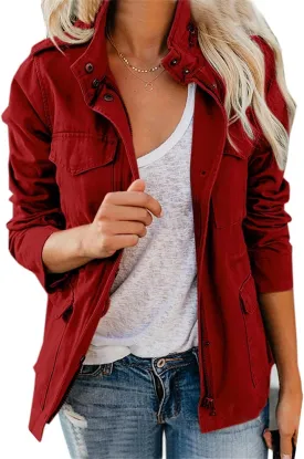 Womens Multi Pockets Military Jacket, Zip UpSnap Buttons Lightweight Utility Anorak Field Safari Coat Outwear
