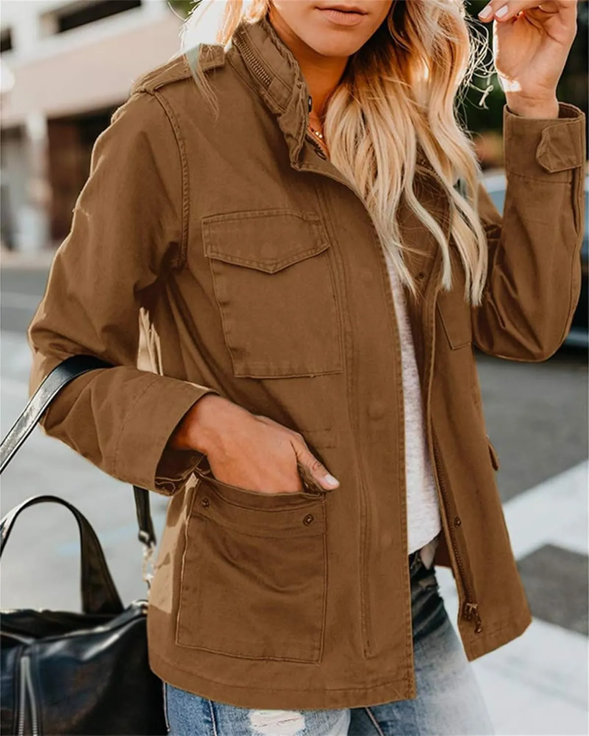 Womens Multi Pockets Military Jacket, Zip UpSnap Buttons Lightweight Utility Anorak Field Safari Coat Outwear