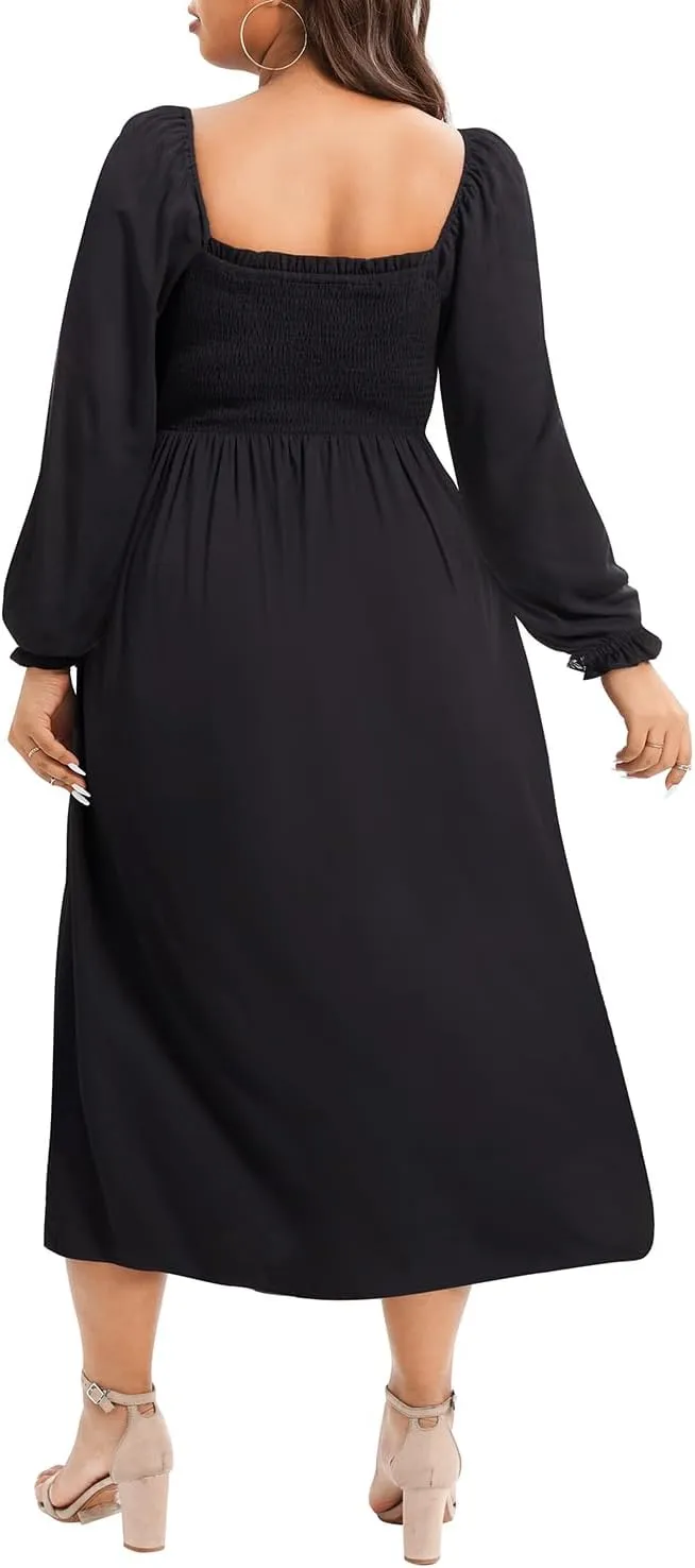 Women's Plus Size Boho Floral Print Balloon Long Sleeve Square Neck Long Midi Dress with Pockets
