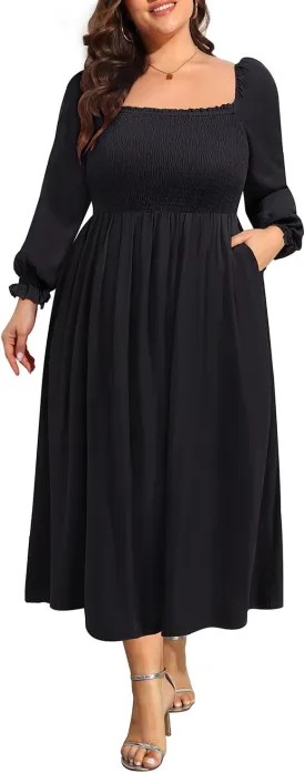 Women's Plus Size Boho Floral Print Balloon Long Sleeve Square Neck Long Midi Dress with Pockets