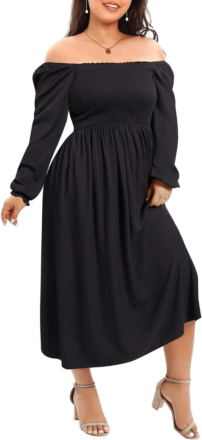 Women's Plus Size Boho Floral Print Balloon Long Sleeve Square Neck Long Midi Dress with Pockets