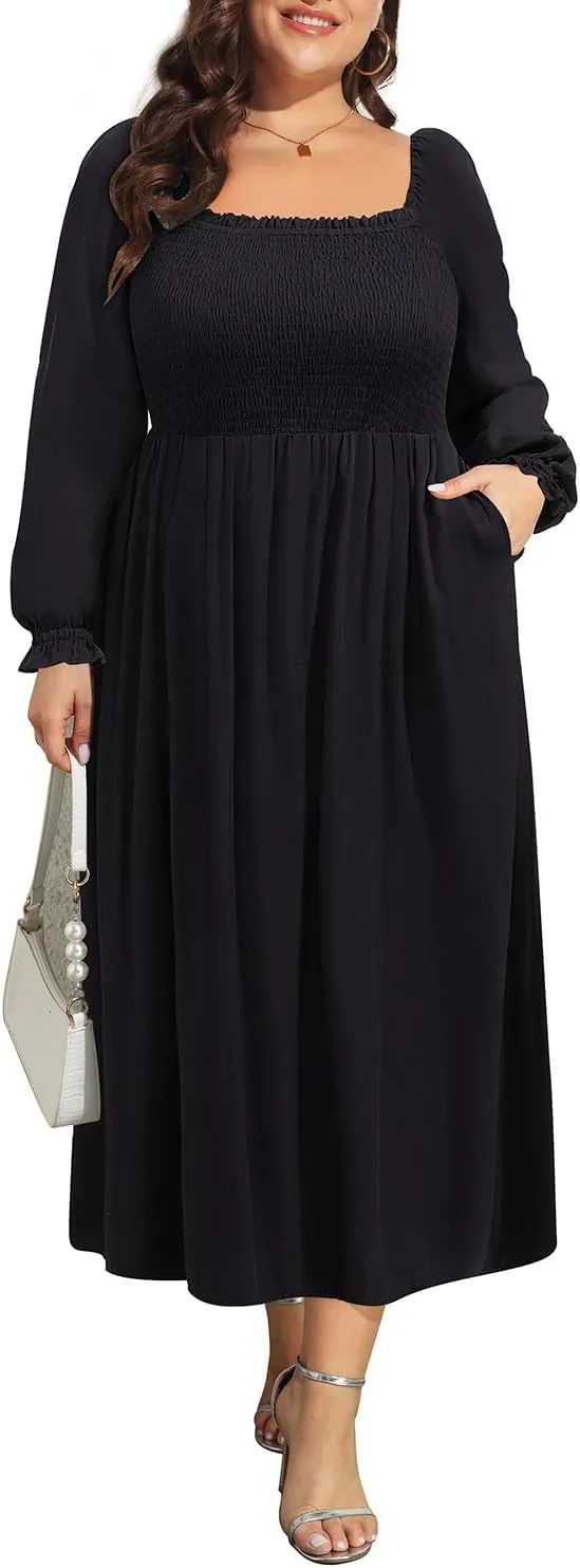 Women's Plus Size Boho Floral Print Balloon Long Sleeve Square Neck Long Midi Dress with Pockets