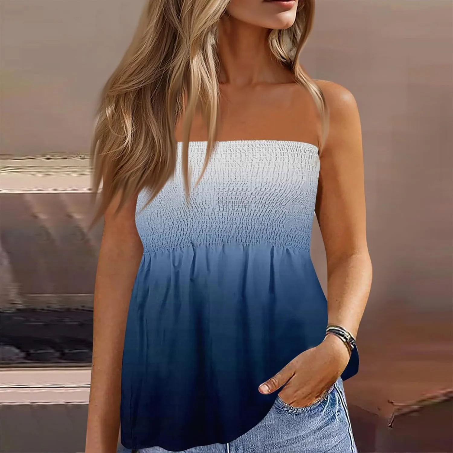 Women's Plus Size Tube Tops Summer Strapless Blouse Pleated Sleeveless Stretchy Sleeveless Flare Hem Tube