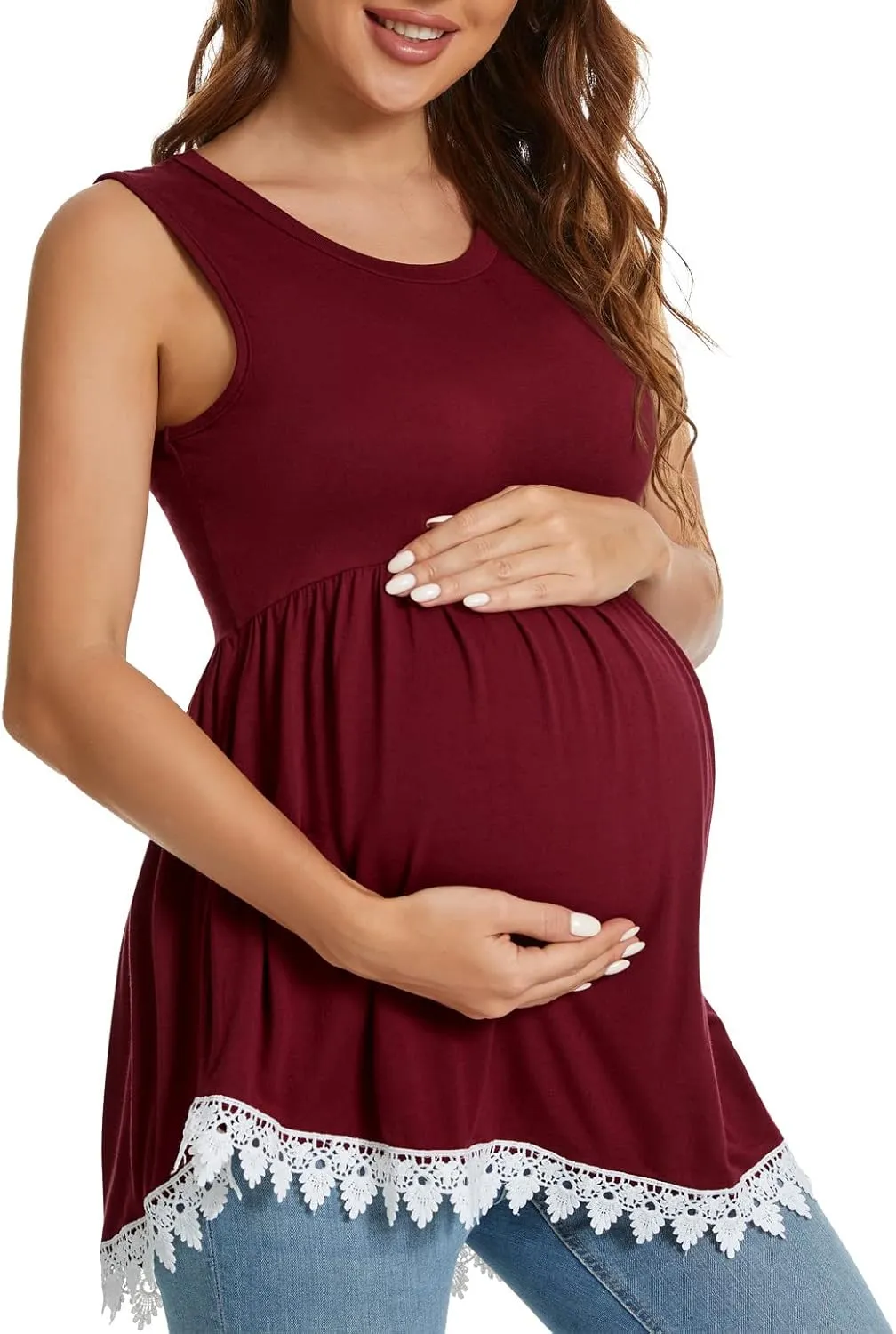 Xpenyo Womens Maternity Tank Top Sleeveless Lace Crochet Trim Peplum Cami Shirts
