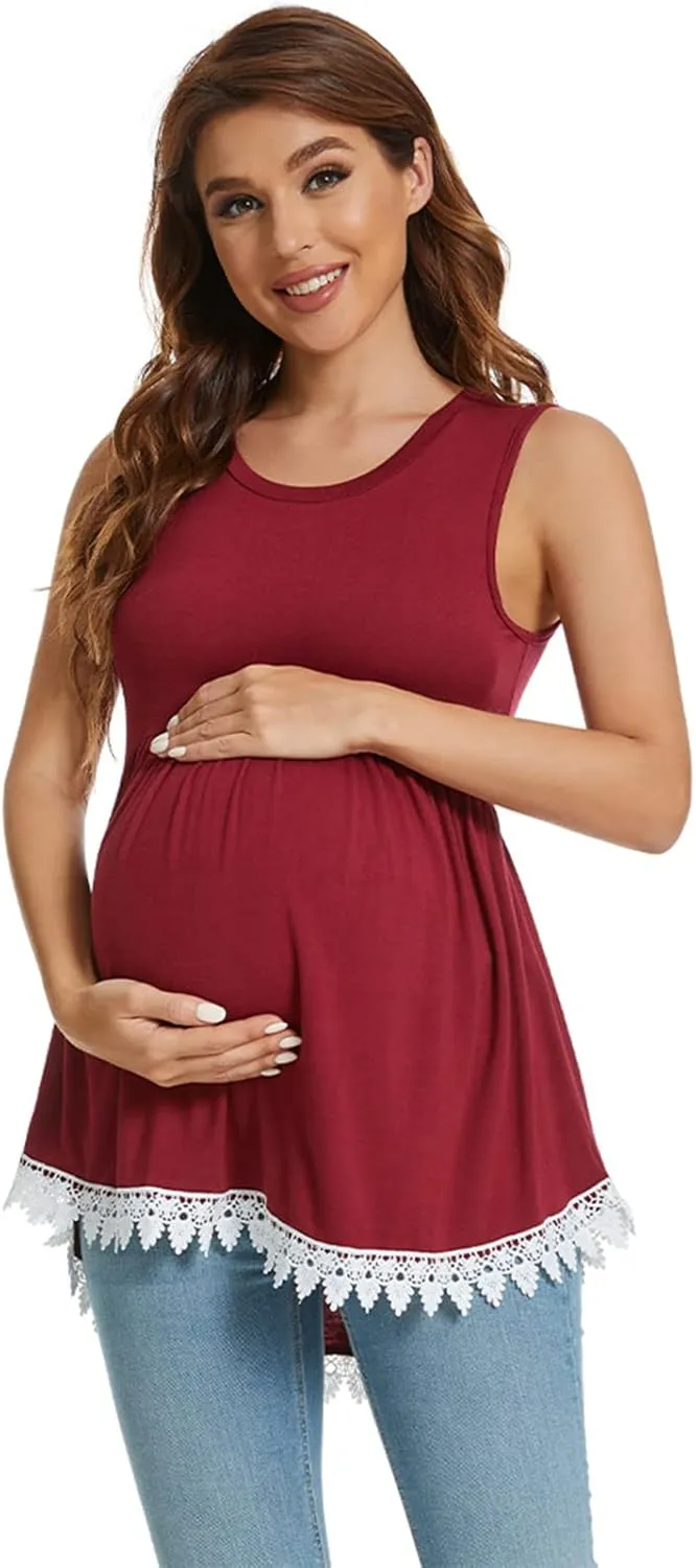 Xpenyo Womens Maternity Tank Top Sleeveless Lace Crochet Trim Peplum Cami Shirts