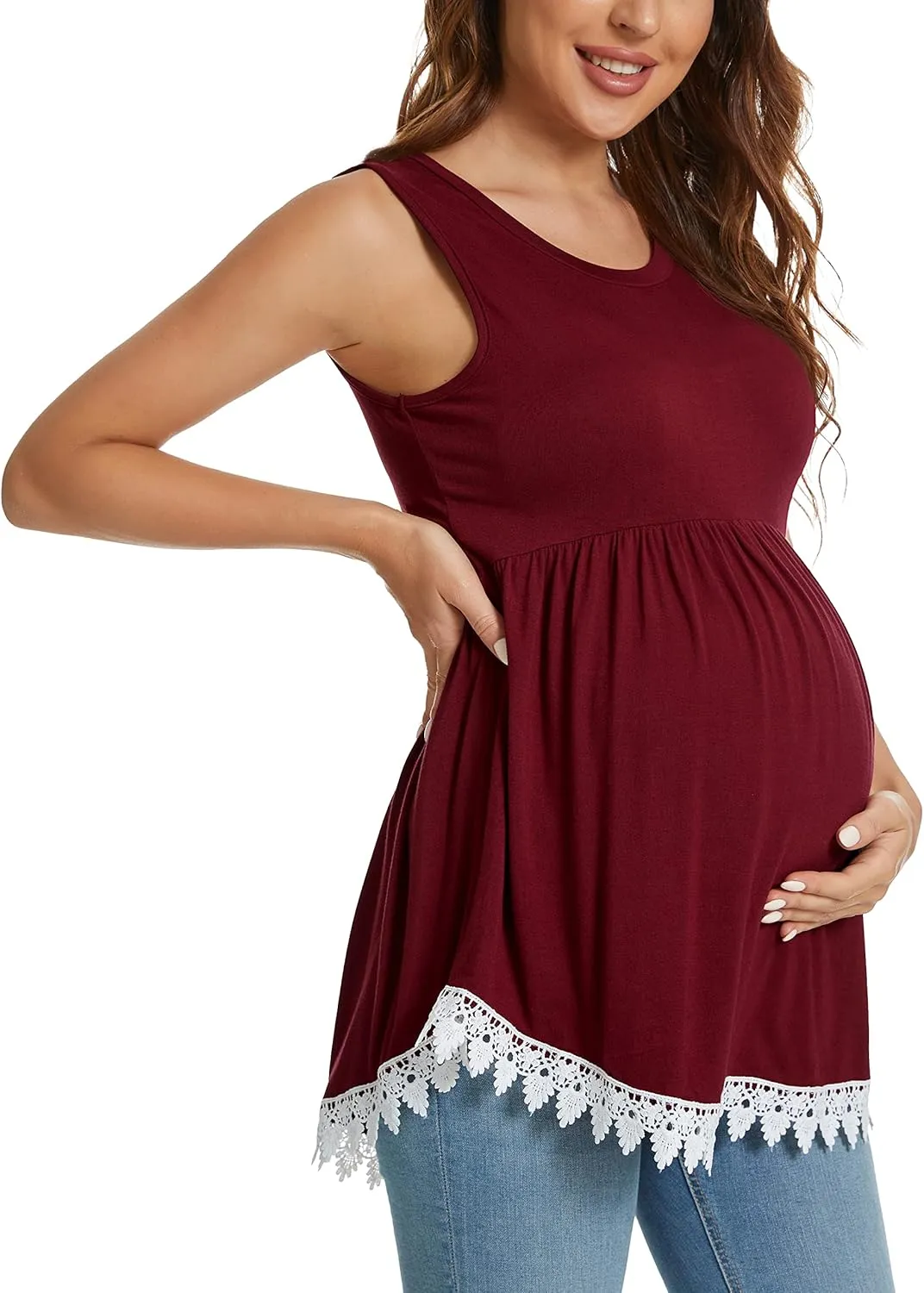 Xpenyo Womens Maternity Tank Top Sleeveless Lace Crochet Trim Peplum Cami Shirts
