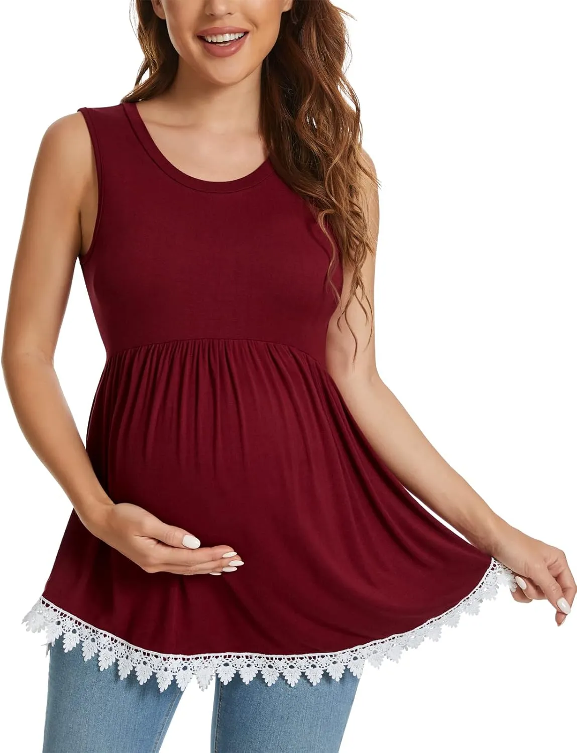 Xpenyo Womens Maternity Tank Top Sleeveless Lace Crochet Trim Peplum Cami Shirts