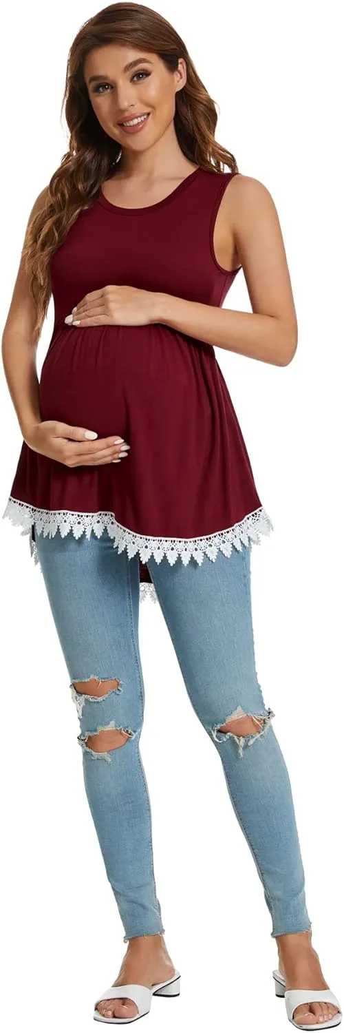 Xpenyo Womens Maternity Tank Top Sleeveless Lace Crochet Trim Peplum Cami Shirts