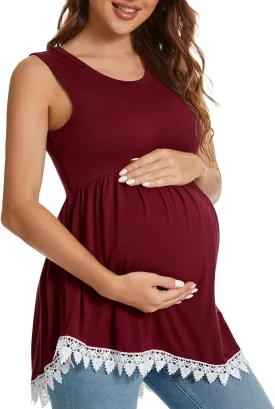 Xpenyo Womens Maternity Tank Top Sleeveless Lace Crochet Trim Peplum Cami Shirts