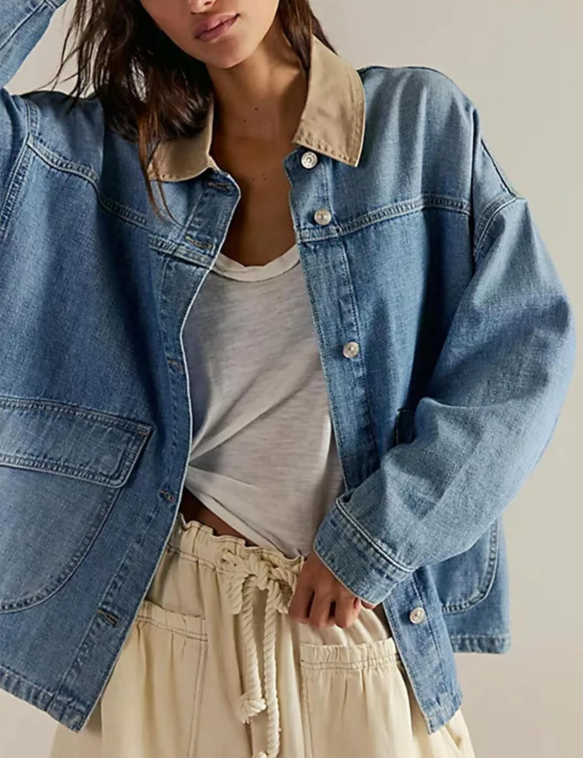 Yeokou Women Oversize Denim Jacket Casual Button Down Jean Coat Long Sleeve Shacket Outfit with Pockets
