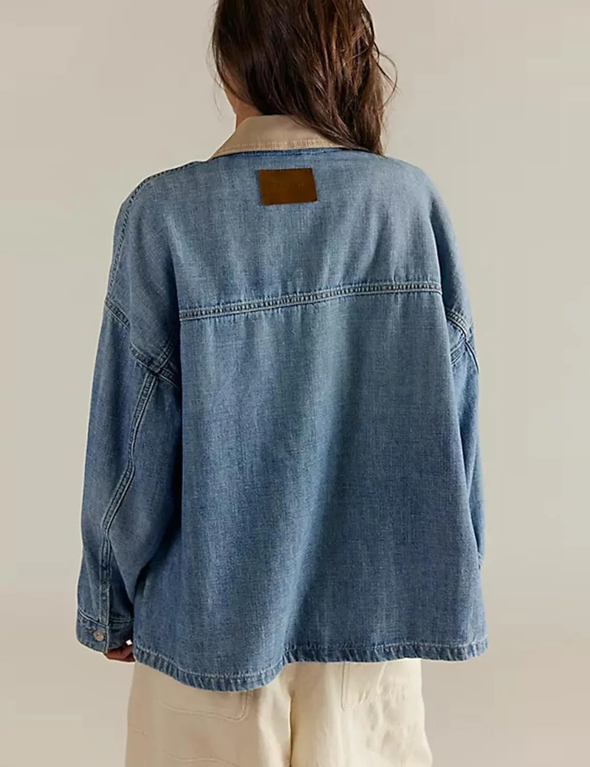 Yeokou Women Oversize Denim Jacket Casual Button Down Jean Coat Long Sleeve Shacket Outfit with Pockets