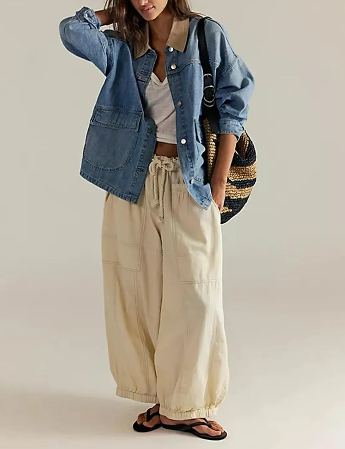 Yeokou Women Oversize Denim Jacket Casual Button Down Jean Coat Long Sleeve Shacket Outfit with Pockets