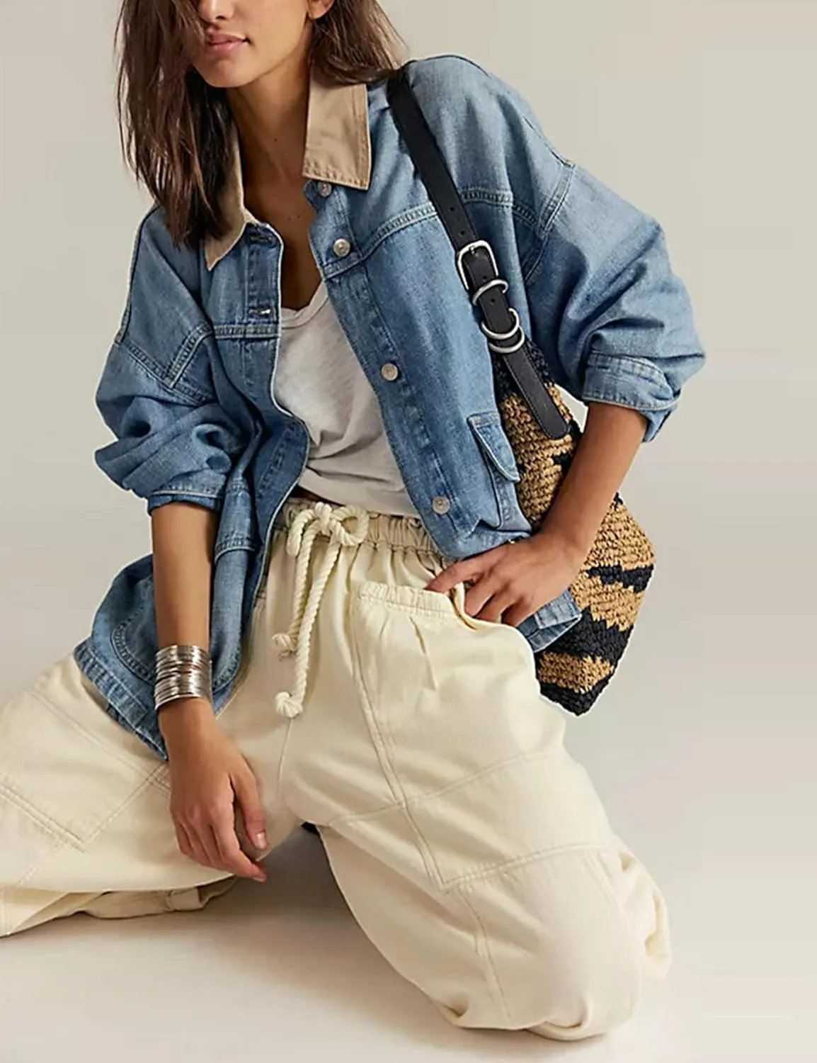 Yeokou Women Oversize Denim Jacket Casual Button Down Jean Coat Long Sleeve Shacket Outfit with Pockets